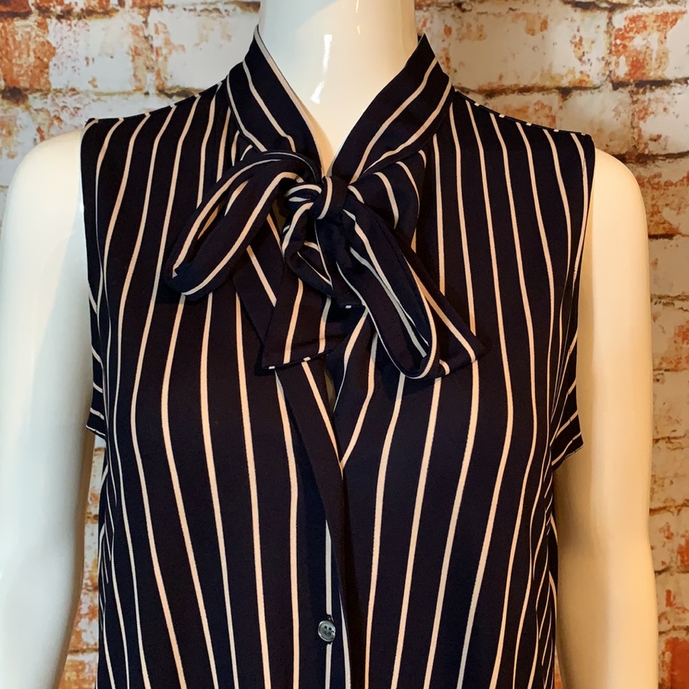 Ann Taylor Stripe Tie Neck Button Front Shell - Picture 3 of 8